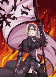 Rule 34 | absurdres, armor, black thighhighs, blonde hair, breasts, byakuya kaien, fate/grand order, fate (series), fire, headpiece, highres, jeanne d&#039;arc (fate), jeanne d&#039;arc (ruler) (fate), jeanne d&#039;arc alter (avenger) (fate), jeanne d&#039;arc alter (fate), large breasts, looking at viewer, ruler (fate/grand order), short hair, solo, standard bearer, thighhighs, thighs, yellow eyes