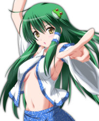 Rule 34 | 1girl, :o, arm up, breasts, breasts apart, brown eyes, center opening, detached sleeves, female focus, frog, green hair, groin, hair ornament, hair tubes, highres, kochiya sanae, long hair, looking at viewer, midriff, navel, no bra, nori tamago, open clothes, open shirt, pointing, shiny skin, shirt, sideboob, simple background, skirt, solo, split mouth, touhou, upper body