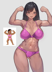 1girl abs bare_shoulders black_hair blush bra breasts brown_eyes chibi cleavage collarbone dark-skinned_female dark_skin flexing highres large_breasts long_hair looking_at_viewer muscular muscular_female navel open_mouth original panties pink_bra pink_panties smile thighs underwear ura_illust