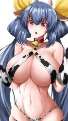 Rule 34 | 1girl, absurdres, animal ears, animal print, bare shoulders, bell, bikini, blue hair, blush, breasts, cleavage, collar, collarbone, cow ears, cow horns, cow print, cow print sleeves, curvy, detached sleeves, dizzy (guilty gear), fake animal ears, fake horns, guilty gear, hair between eyes, hair rings, highres, horns, large breasts, long hair, midriff, navel, neck bell, o-ring, o-ring bikini, o-ring top, open mouth, print bikini, red eyes, ribbon, simple background, skindentation, solo, swimsuit, thigh strap, twintails, yellow ribbon, yuzaki