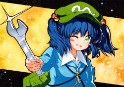 Rule 34 | 1girl, ;d, backpack, bag, blouse, blue hair, blue shirt, collared shirt, flat cap, green bag, green eyes, green hat, hair bobbles, hair ornament, hat, holding, holding wrench, kawashiro nitori, key, long sleeves, looking at viewer, one eye closed, open mouth, qqqrinkappp, shirt, short hair, smile, solo, star (symbol), touhou, traditional media, twintails, upper body, white shirt, wrench, yellow background