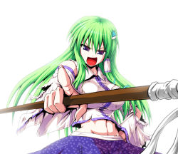 Rule 34 | 1girl, absurdres, backlighting, blue hair, blue skirt, breasts, cowboy shot, detached sleeves, fingernails, foreshortening, frog hair ornament, green hair, groin, hair ornament, hair tubes, hand on own hip, highres, hip focus, kamishima kanon, kochiya sanae, large breasts, long hair, long skirt, midriff, open mouth, pointing, simple background, skirt, sleeveless, snake hair ornament, solo, torn clothes, touhou