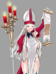 Rule 34 | 1girl, arm up, blue eyes, boots, breasts, candle, cape, cowboy shot, detached collar, detached sleeves, elf, facing viewer, gloves, grey background, hat, holding, holding scroll, holding staff, large breasts, long hair, looking at viewer, mitre, original, pelvic curtain, pointy ears, priest, q (ed69), red cape, red sleeves, scroll, simple background, smile, solo, staff, thigh boots, thighhighs, white gloves, white hair, white thighhighs