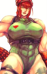 1girl armored_gloves beret bodypaint breasts cammy_white cammy_white_(cosplay) camouflage chest_harness commentary_request cosplay covered_abs covered_erect_nipples cowboy_shot diagonal_bangs gloves green_eyes hand_on_own_hip harness hat highres huge_breasts marisa_(street_fighter) mole mole_under_eye muscular muscular_female red_gloves red_hair red_hat short_hair sidelocks solo street_fighter street_fighter_6 thick_thighs thigh_strap thighs white_background zuman_(zmnjo1440)
