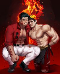 Rule 34 | 2boys, abs, ancient greek clothes, bara, bare pectorals, black hair, black sclera, blood, blood on clothes, blood on face, blood on hands, bound, bound wrists, bulge, character request, chest hair, colored sclera, copyright request, crossover, face-to-face, facial hair, feet out of frame, fire, greco-roman clothes, green eyes, hades (series), hades 1, helltaker, heterochromia, highres, large pectorals, laurel crown, looking at another, male focus, mature male, multiple boys, muscular, muscular male, navel, navel hair, nipples, odol illust, open clothes, open shirt, pants, pectorals, red eyes, red shirt, shirt, short hair, sideburns, sleeves rolled up, spiked hair, squatting, stomach, stubble, thick thighs, thighs, tight clothes, tight pants, topless male, torn clothes, veins, white pants, zagreus (hades)