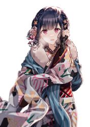 Rule 34 | 1girl, adjusting hair, black gloves, black hair, blue kimono, blurry, blurry foreground, commentary, fingerless gloves, flower, fur-trimmed kimono, fur trim, gloves, hair flower, hair ornament, highres, idolmaster, idolmaster shiny colors, japanese clothes, kanzashi, kimono, migolu, morino rinze, open mouth, red eyes, red hair, simple background, smile, solo, white background, yellow flower