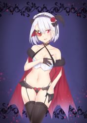 1girl arusuko black_thighhighs breasts highres izumi_kanagi looking_at_viewer magia_record:_mahou_shoujo_madoka_magica_gaiden magical_girl mahou_shoujo_madoka_magica medium_breasts monocle navel red_eyes solo thighhighs vampire white_hair