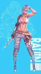 Rule 34 | 1girl, ;|, abs, absurdres, arm up, barcode, belt, bikini, blue background, boots, bracer, breasts, cloud print, commentary, denim, electricity, english commentary, glasses, gloves, highres, holding, holding weapon, katana, knee boots, knee pads, knife, leg belt, looking at viewer, medium breasts, muscular, muscular female, navel, original, pants, sheath, silver hair, solo, swimsuit, sword, toned, torn clothes, torn pants, weapon, wei (kaminari0411)