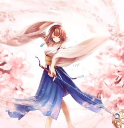 Rule 34 | 1girl, arm up, bare shoulders, blue hakama, breasts, brown hair, cherry blossoms, closed eyes, closed mouth, detached sleeves, final fantasy, final fantasy x, flower, hakama, hakama skirt, holding, holding staff, japanese clothes, jewelry, long sleeves, medium breasts, necklace, obi, pink flower, ribbon-trimmed sleeves, ribbon trim, sasanomesi, sash, short hair, side slit, skirt, smile, solo, staff, wide sleeves, yuna