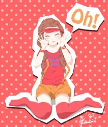 Rule 34 | 1girl, ^ ^, blush, bracelet, brown hair, closed eyes, forehead, girls&#039; generation, hat, jewelry, k-pop, long hair, no shoes, polka dot, polka dot background, red shirt, red socks, shirt, short twintails, shorts, signature, sitting, socks, solo, speech bubble, sunny (girls&#039; generation), suspenders, thigh gap, thighhighs, twintails, wariza