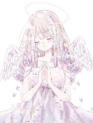 Rule 34 | 1girl, angel, angel wings, bare arms, bare shoulders, blush, closed eyes, closed mouth, collarbone, dress, facing viewer, feathered wings, flower, hair flower, hair ornament, halo, highres, kotono n0, long hair, original, own hands together, pink flower, simple background, sleeveless, sleeveless dress, solo, upper body, white background, white dress, white flower, white wings, wings