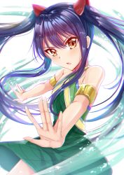 Rule 34 | 1girl, absurdres, armlet, blue hair, brown eyes, dress, fairy tail, floating hair, gu li, hair between eyes, hair ornament, halterneck, highres, long hair, looking at viewer, open mouth, outstretched arms, short dress, sleeveless, sleeveless dress, solo, standing, twintails, very long hair, wendy marvell