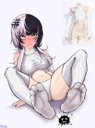 Rule 34 | 1girl, black hair, breasts, detached sleeves, feet, grey hair, highres, hololive, hololive english, long hair, looking at viewer, medium breasts, meme attire, multicolored hair, navel, panties, shiori novella, sir remey, solo, split-color hair, sweater, thighhighs, turtleneck, two-tone hair, underwear, virgin destroyer sweater, virtual youtuber, yellow eyes