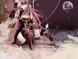 Rule 34 | 1girl, android, blindfold, digital dissolve, female focus, fingerless gloves, gloves, long hair, megurine luka, moon, outdoors, pink hair, sitting, sky, smile, solo, sombra90233, thighhighs, very long hair, vocaloid, zettai ryouiki