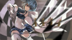 Rule 34 | 10s, 1girl, armband, bad id, bad pixiv id, blue eyes, blue hair, blurry, cape, checkered floor, depth of field, floor, gloves, magical girl, mahou shoujo madoka magica, mahou shoujo madoka magica (anime), matching hair/eyes, miki sayaka, miki sayaka (magical girl), multiple swords, solo, swd3e2, sword, thighhighs, throwing, weapon, zettai ryouiki