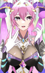 Rule 34 | 1girl, :d, breasts, fire emblem, fire emblem heroes, gloves, goat horns, hair between eyes, horns, large breasts, long hair, looking at viewer, nerthuz (fire emblem), nintendo, ondur, open mouth, pink eyes, pink hair, smile, solo, teeth, upper body, upper teeth only, white gloves