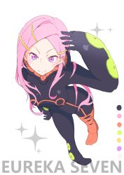 Rule 34 | 1girl, absurdres, anemone (eureka seven), blush, bodysuit, breasts, english text, eureka seven, eureka seven (series), from above, full body, hair ornament, hand in own hair, highres, homaru sangou, long hair, looking at viewer, pink hair, purple eyes, simple background, small breasts, smile, solo, sparkle, text focus, white background