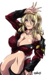 Rule 34 | 00s, 1girl, bad id, bad pixiv id, blonde hair, blue eyes, breasts, cleavage, covered erect nipples, female focus, gender request, genderswap, gundam, gundam seed, gundam seed destiny, hair in own mouth, large breasts, leg lift, long hair, madhatter hello, military, military uniform, no bra, off shoulder, rey za burrel, simple background, solo, uniform, white background