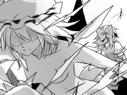 Rule 34 | 2girls, bad id, bad pixiv id, bow, cirno, greyscale, hair bow, hat, monochrome, multiple girls, nude, remilia scarlet, short hair, sushikuugo (suisen), torn clothes, touhou, translation request