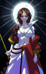 Rule 34 | 1girl, arba (magi), braid, breasts, brown hair, cleavage, crop top, facial mark, forehead mark, hair ornament, highres, holding, holding staff, large breasts, long hair, looking at viewer, low twin braids, magi the labyrinth of magic, moon, moonlight, navel, red eyes, red robe, robe, skirt, smile, solo, staff, stomach, toned female, twin braids, very long hair, xuancheng