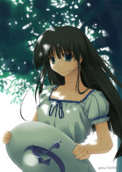 Rule 34 | 00s, 1girl, :o, black hair, blue eyes, blunt bangs, comic party, dappled sunlight, frilled sleeves, frills, hasebe aya, hat, holding, holding clothes, holding hat, long hair, looking at viewer, original, puffy short sleeves, puffy sleeves, shade, short sleeves, solo, sun hat, sunlight, tree, unworn hat, unworn headwear, upper body, zenzen, zenzen (onestep)