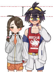 Rule 34 | 1boy, 1girl, absurdres, ahoge, arrow (symbol), black hair, blush, braid, brown eyes, brown hair, cardigan, closed mouth, collarbone, collared shirt, colored inner hair, commentary request, creatures (company), embarrassed, game freak, gloves, grey cardigan, hair between eyes, height difference, highres, holding hands, jacket, juliana (pokemon), kieran (pokemon), kyouka. (kyouka), long sleeves, mole, mole on neck, multicolored hair, necktie, nintendo, off-shoulder shirt, off shoulder, orange necktie, orange shorts, pokemon, pokemon sv, red gloves, red shirt, shirt, shorts, single glove, sleeves past wrists, sweatdrop, tank top, white background, white jacket, white shirt, white shorts, yellow eyes, zipper, zipper pull tab