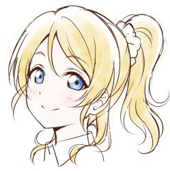 Rule 34 | 1girl, anibache, ayase eli, birthday, blonde hair, blue eyes, commentary request, long hair, looking at viewer, love live!, love live! school idol project, ponytail, portrait, scrunchie, smile, solo, white background, white scrunchie