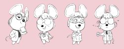 Rule 34 | 1girl, animal crossing, animal ears, animal nose, book, drink, glasses, highres, holding, holding book, holding drink, lab coat, luaudrey, mouse ears, mouse girl, mouse tail, multiple views, nintendo, opaque glasses, petri (animal crossing), round eyewear, sailor collar, solo, tail