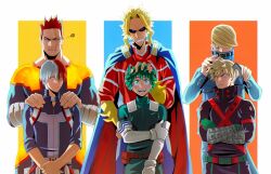 Rule 34 | 6+boys, :d, all might, artist name, bakugou katsuki, belt, best jeanist, black bodysuit, blonde hair, blue bodysuit, blue cape, blue eyes, blue jacket, blue pants, bodysuit, boku no hero academia, brown belt, brushing another&#039;s hair, brushing hair, cape, clenched teeth, closed mouth, cowboy shot, elbow gloves, endeavor (boku no hero academia), facial hair, father and son, gloves, green bodysuit, green gloves, green hair, grin, hand on own arm, hands on another&#039;s shoulders, height difference, highres, jacket, long sleeves, looking at another, midoriya izuku, multicolored background, multicolored hair, multiple boys, one eye closed, open mouth, own hands together, pants, pouch, red bodysuit, red cape, red hair, shaded face, short hair, smile, squiggle, stubble, swept bangs, teeth, todoroki shouto, trevo (trevoshere), two-sided cape, two-sided fabric, two-tone hair, white gloves, white hair, yagi toshinori