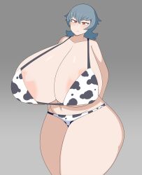 Rule 34 | 1girl, absurdres, animal print, areola slip, bikini, breasts, cow print, cow print bikini, creatures (company), curvy, duskyer, female focus, game freak, gigantic breasts, grey background, grey hair, highres, large areolae, looking at viewer, navel, nintendo, plump, pokemon, pokemon hgss, print bikini, red eyes, sabrina (pokemon), shiny skin, solo, swimsuit, thick thighs, thighs, wide hips