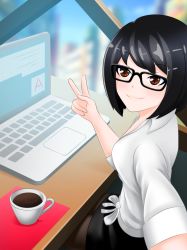 Rule 34 | 1girl, artist request, black hair, black pantyhose, black skirt, bob cut, breasts, brown eyes, building, chair, city, cityscape, cleavage, coffee, coffee cup, computer, cup, date crush stories, disposable cup, erisa (date crush stories), game cg, glasses, highres, indoors, laptop, looking at phone, looking at viewer, miniskirt, pantyhose, phone, selfie, shirt, short hair, sitting, skirt, skyline, skyscraper, small breasts, smile, solo, table, thighhighs, v, white shirt, window