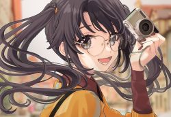 Rule 34 | 1girl, absurdres, black hair, blurry, blurry background, camera, floating hair, highres, holding, holding camera, idolmaster, idolmaster shiny colors, looking at viewer, looking to the side, mitsumine yuika, nail, outdoors, round eyewear, smile, solo, tanupon, twintails, upper body