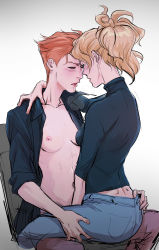 Rule 34 | 2girls, afterlaughs, animification, arm around neck, ass grab, black shirt, blue eyes, blush, breasts, casual, commentary, denim, dimples of venus, english commentary, eye contact, hand in pants, heavy breathing, highres, implied fingering, jeans, looking at another, mercy (overwatch), moira (overwatch), multiple girls, nipples, open clothes, open shirt, orange hair, overwatch, overwatch 1, pants, shirt, short hair, sitting, sleeves rolled up, small breasts, turtleneck, yuri