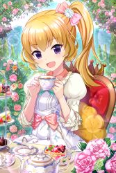 Rule 34 | 1girl, :d, absurdres, alternative girls, blonde hair, blue sky, bow, coffee cup, cup, day, disposable cup, dress, hair between eyes, hair bow, high ponytail, highres, holding, holding cup, lens flare, lolita fashion, long hair, looking at viewer, mizushima airi, open mouth, outdoors, pink bow, polka dot, polka dot bow, purple eyes, side ponytail, sitting, sky, smile, solo, white dress