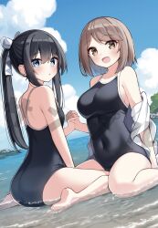 Rule 34 | 2girls, ass, black hair, blush, breasts, holding hands, large breasts, mahoutsukai rose no sado life, multiple girls, ominaeshi (takenoko), one-piece swimsuit, open mouth, partially submerged, ponytail, rose (mahoutsukai rose no sado life), swimsuit