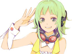 Rule 34 | 1girl, bad drawr id, bad id, goggles, goggles around neck, green eyes, green hair, gumi, headset, matching hair/eyes, oekaki, short hair, simple background, smile, solo, vocaloid