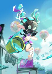 Rule 34 | 1girl, absurdres, aircraft, billboard, black shorts, blue eyes, blue hair, blue sky, bucket, cloud, day, gas mask, highres, holding, holding bucket, hot air balloon, inkling, inkling girl, inkling player character, koike3582, light blue hair, mask, midair, multicolored hair, nintendo, outdoors, pointy ears, purple hair, sandals, short hair, shorts, side slit, side slit shorts, sky, slosher (splatoon), solo, splatoon (series), tank top, tentacle hair, twintails, twitter username, two-tone hair, white footwear