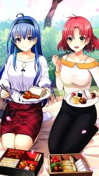 Rule 34 | 2girls, :d, ahoge, bento, black hairband, black pants, blue gemstone, blue hair, braid, breasts, cherry blossoms, chopsticks, cleavage, cleavage cutout, closed mouth, clothing cutout, collarbone, day, doukyuusei another world, food, game cg, gem, green gemstone, hairband, hanami, holding, holding chopsticks, kakyuusei 2, kneeling, long hair, long sleeves, looking at viewer, medium breasts, medium hair, mole, mole under mouth, multiple girls, off-shoulder shirt, off shoulder, onigiri, open mouth, outdoors, pants, plaid, plaid skirt, pleated skirt, red eyes, red hair, red skirt, sandwich, shirt, skirt, smile, socks, takatoo nanase, very long hair, wakai misaki, white shirt, white socks, yellow eyes, yellow gemstone