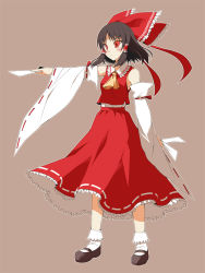 Rule 34 | 1girl, ascot, bad id, bad pixiv id, black hair, blush, bobby socks, bow, brown background, brown hair, detached sleeves, dual wielding, female focus, flat chest, frills, full body, hair bow, hair tubes, hakurei reimu, holding, japanese clothes, long skirt, looking away, mary janes, miko, neckerchief, ofuda, ohta yuichi, red eyes, shoes, short hair, simple background, skirt, skirt set, socks, solo, standing, touhou, tsurime