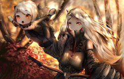 Rule 34 | 2girls, abyssal ship, autumn leaves, bicycle, blush, breasts, claws, colored skin, detached sleeves, dress, gdat, horns, kantai collection, large breasts, long hair, looking at viewer, mittens, multiple girls, northern ocean princess, open mouth, orange eyes, outdoors, pale skin, ribbed dress, riding, seaport princess, single horn, sleeveless, sleeveless dress, smile, very long hair, white dress, white hair, white skin