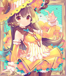 Rule 34 | 1girl, absurdres, arm up, bare shoulders, blush, bow, breasts, brown hair, brown pantyhose, butterfly hat ornament, cleavage, cleavage cutout, closed mouth, clothing cutout, commentary request, detached sleeves, dress, fingernails, flower, hair between eyes, hat, hat ornament, highres, ikari (aor3507), long hair, long sleeves, looking at viewer, nail polish, orange bow, orange flower, orange rose, original, pantyhose, picture frame, red eyes, rose, sleeveless, sleeveless dress, small breasts, solo, very long hair, yellow dress, yellow flower, yellow hat, yellow nails, yellow rose, yellow sleeves