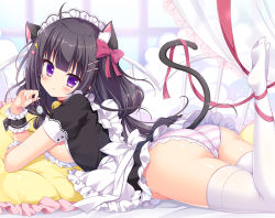Rule 34 | 1girl, ahoge, animal ear fluff, animal ears, ass, black dress, black hair, bow, breasts, cat ears, cat tail, commentary request, dress, frills, hair bow, hair ornament, legs up, long hair, looking at viewer, looking to the side, lying, medium breasts, no shoes, on stomach, original, panties, picpicgram, pillow, purple eyes, red bow, red ribbon, ribbon, solo, striped clothes, striped panties, tail, tail raised, thighhighs, underwear, white thighhighs, wrist cuffs, x hair ornament