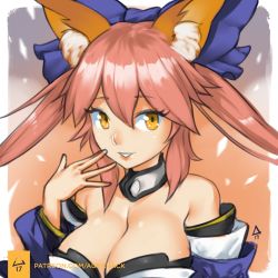 Rule 34 | 10s, 1girl, animal ears, aurahack, bare shoulders, blue ribbon, breasts, cleavage, collar, ears through headwear, fate/extra, fate/grand order, fate (series), fox ears, hair ribbon, japanese clothes, large breasts, parted lips, pink hair, ribbon, signature, smile, solo, tamamo (fate), tamamo no mae (fate/extra), upper body, watermark, web address, yellow eyes