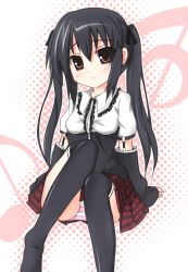 Rule 34 | 00s, 1girl, black hair, black thighhighs, blush, brown eyes, detached sleeves, hair ornament, hair ribbon, k-on!, karaage3, long hair, looking at viewer, nakano azusa, panties, pantyshot, pink panties, plaid, plaid skirt, pleated skirt, ribbon, simple background, sitting, skirt, solo, striped clothes, striped panties, thighhighs, twintails, underwear, upskirt, white background