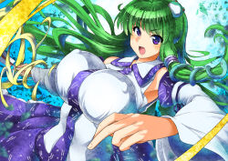 Rule 34 | 1girl, blue eyes, blue skirt, breasts, detached sleeves, covered erect nipples, frog hair ornament, gohei, green hair, hair ornament, impossible clothes, impossible shirt, japanese clothes, kochiya sanae, large breasts, long hair, oonusa, open mouth, shirt, skirt, snake hair ornament, touhou, umigarasu (kitsune1963)