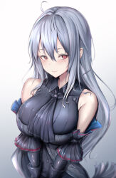 Rule 34 | 1girl, absurdres, arknights, ascot, bare shoulders, black ascot, black gloves, blush, breasts, closed mouth, covered navel, detached sleeves, elbow gloves, gloves, gradient background, grey background, grey hair, highres, impossible clothes, large breasts, long hair, poni (poni arknights), red eyes, skadi (arknights), smile, solo, very long hair