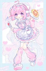 Rule 34 | 1girl, absurdres, ahoge, apron, bandaged leg, bandaged neck, bandages, bandaid, bandaid on leg, blue hair, blush, bow, character name, colored inner hair, dress, food, frilled dress, frills, full body, heart, heart ahoge, highres, holding, holding knife, holding plate, indie virtual youtuber, ketchup, kiuinomeronsoda, knife, leg warmers, long sleeves, looking at viewer, maid, maid headdress, momone chinoi, multicolored hair, omelet, omurice, open mouth, pink hair, plate, purple eyes, shoes, short hair, smile, sneakers, solo, waitress, wing hair ornament