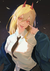 Rule 34 | + +, 1girl, absurdres, black background, black necktie, black pants, blonde hair, blue jacket, breasts, chainsaw man, collared shirt, commentary, cross-shaped pupils, demon horns, dress shirt, eyelashes, hair between eyes, highres, horns, index finger raised, jacket, long hair, looking at viewer, medium breasts, mospaints, necktie, off shoulder, open clothes, open jacket, open mouth, pants, pointing, pointing at self, power (chainsaw man), red eyes, sharp teeth, shirt, simple background, smile, solo, straight hair, symbol-shaped pupils, teeth, tongue, tongue out, tsurime, upper body, white shirt, wing collar