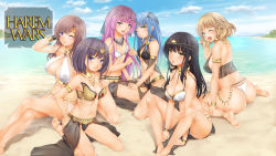 Rule 34 | 6+girls, absurdres, anklet, armlet, ass, barefoot, beach, breasts, cleavage, commentary, day, earrings, english commentary, hair ornament, harem outfit, harem wars (game), highres, jewelry, kopianget, large breasts, lingerie, medium breasts, multiple girls, ocean, one eye closed, sand, small breasts, underwear