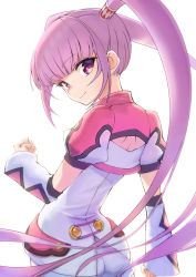 Rule 34 | 1girl, ass, clenched hands, closed mouth, long hair, looking at viewer, nyantiu, official alternate costume, purple eyes, purple hair, shorts, simple background, smile, solo, sophie (tales), tales of (series), tales of graces, twintails, white background